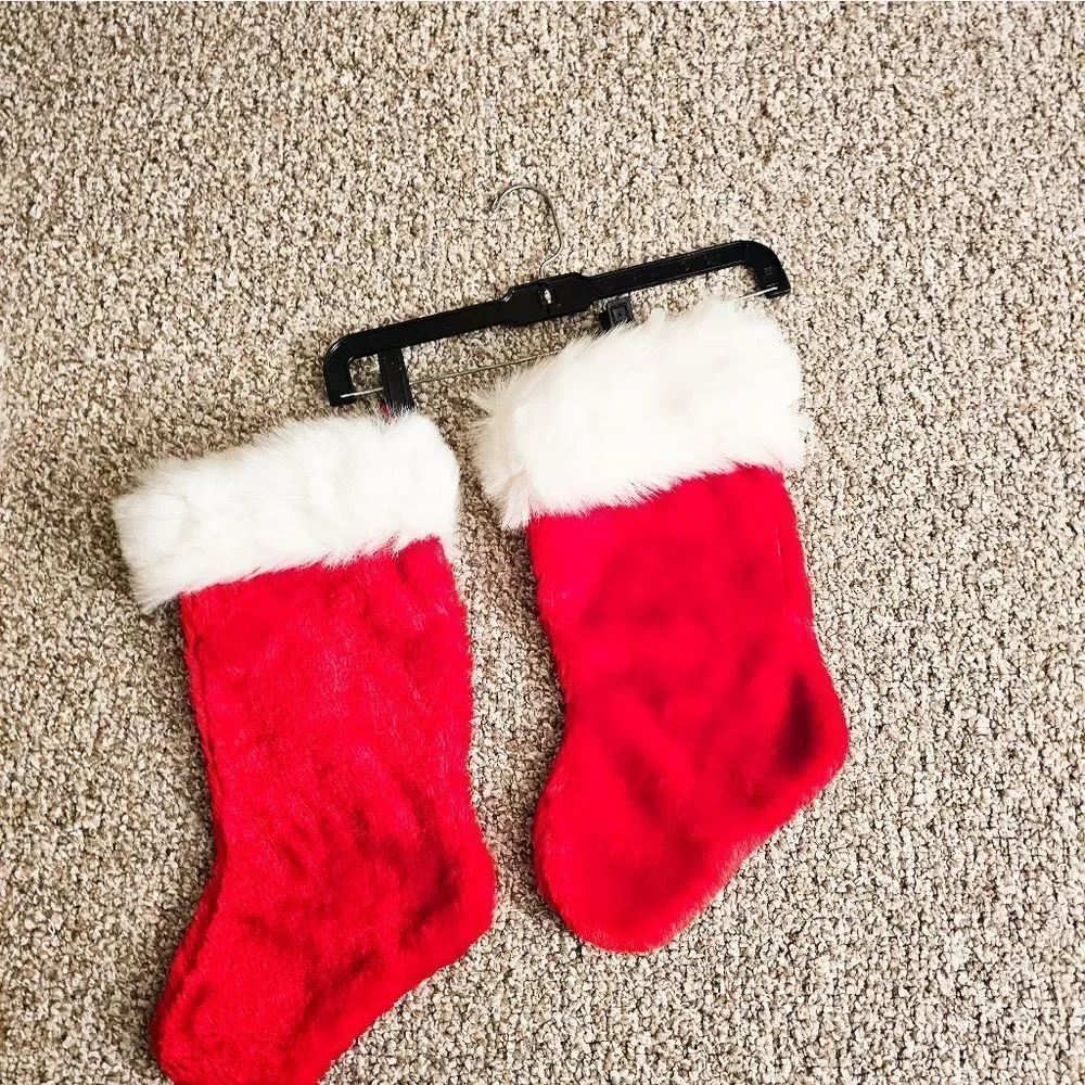 Set Of 2 Retro Fuzzy Cloth Red & White Christmas Holiday Stocking.